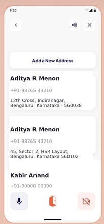 Saved address list screen with two delivery addresses to choose between.