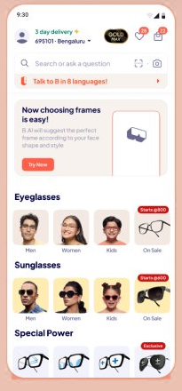 Lenskart homepage banner inviting shoppers to talk to B.ai in 8 languages, the entry point into the conversational stylist.