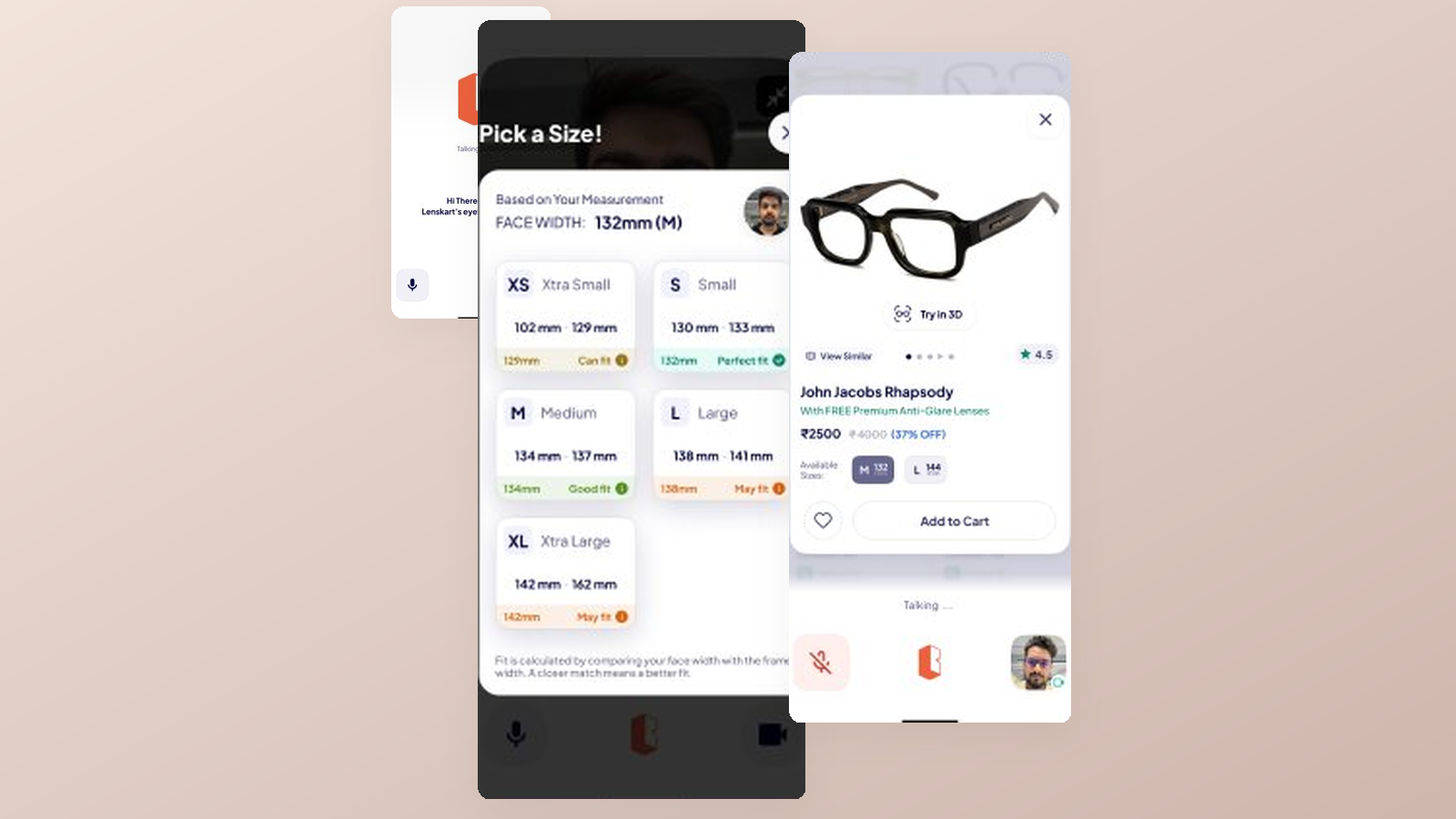 B.ai's voice conversation, face-width size recommendation, and product purchase screens, composed on a soft blush background.