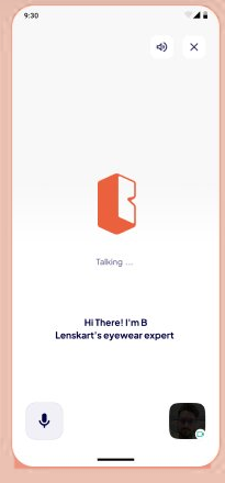 Live conversation screen with B.ai mid-greeting, saying Hi There, I'm B, while a talking indicator animates on screen.