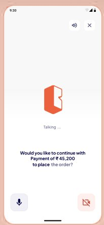 Spoken payment confirmation screen showing a payment of 45,200 rupees and asking whether to continue.