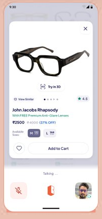 Product card for a John Jacobs Rhapsody frame shown mid-conversation, with a Try in 3D badge, price, Add to Cart, and a Talking indicator.