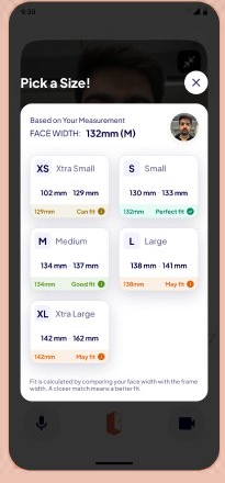 Pick a Size screen showing a 132mm face-width measurement and a grid of frame sizes XS through XL, each tagged Can fit, Good fit, Perfect fit or May fit.
