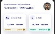 Close-up detail of the face-width measurement header and the Perfect fit size S tile from the size grid.