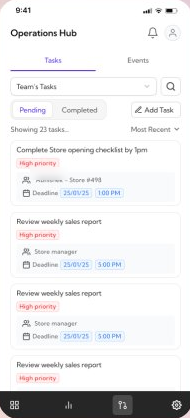 Operations Hub Tasks tab listing pending tasks with priority, store, and deadline, plus an Add Task action.