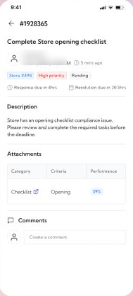Task detail screen for a Complete Store opening checklist task, with description, attachments and comments.