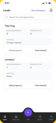 Broker's mobile Leads screen listing separate client workspaces &mdash; each with its own requirement and property counts and a status such as Active or Changes required.
