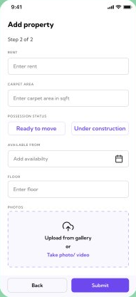 Add property, step 2 of 2 &mdash; rent, carpet area, possession status, available-from date, floor and a photo upload field, with a Submit button.