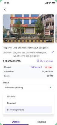 Property detail screen with a status field open, showing L0 review pending, On-hold, Rejected and L1 review pending as options.