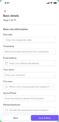 Structured assessment form, step 1 of 11 &mdash; basic site information including site code, timestamp, email, name and market or landmark.
