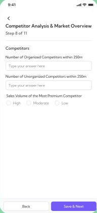 Same assessment form, step 8 of 11 &mdash; competitor analysis and market overview, asking for organized and unorganized competitor counts within 250 metres.
