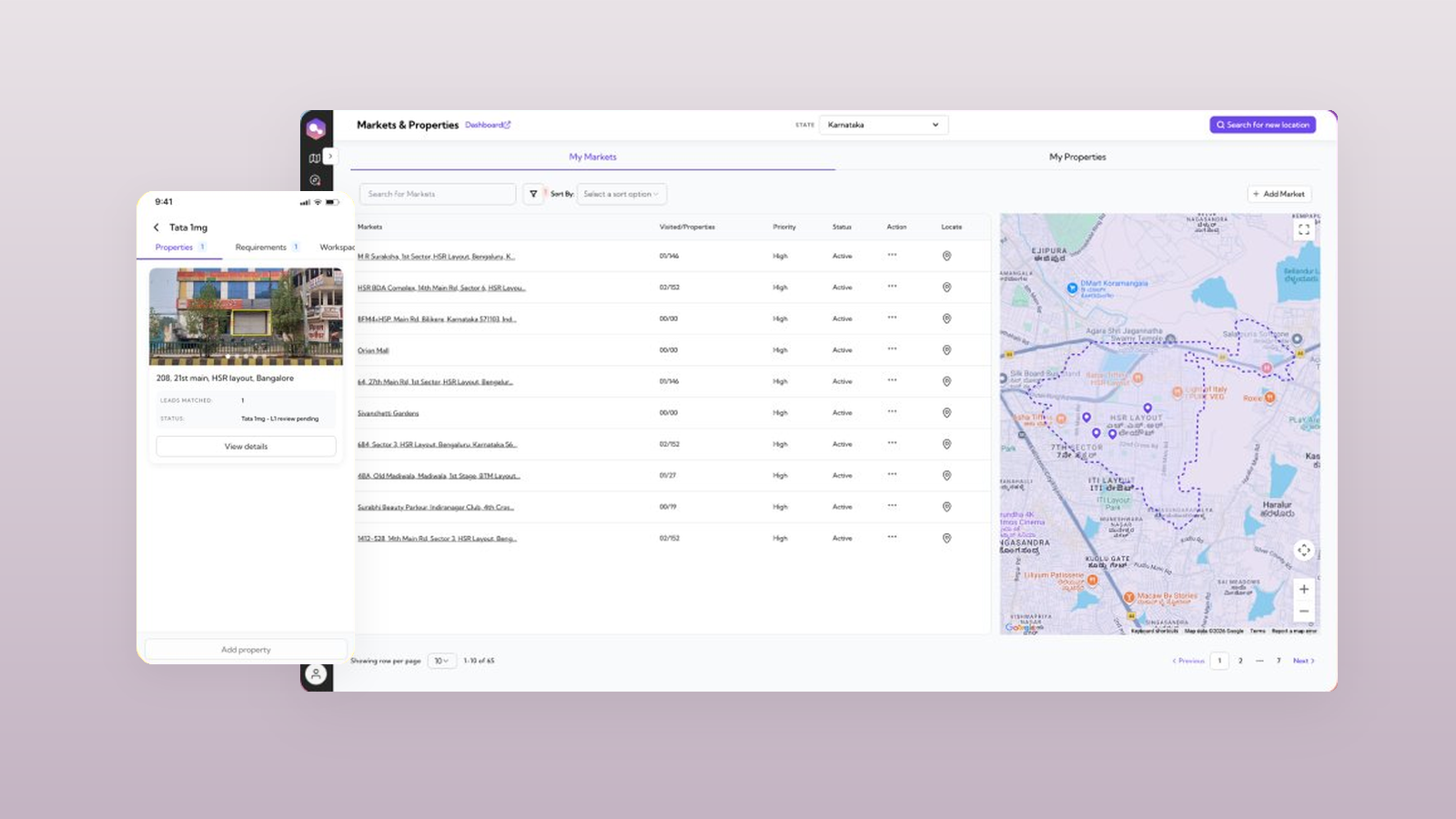 PropIQ's MarketConnect dashboard — a markets and properties table paired with a map view — alongside a broker-facing mobile property screen.