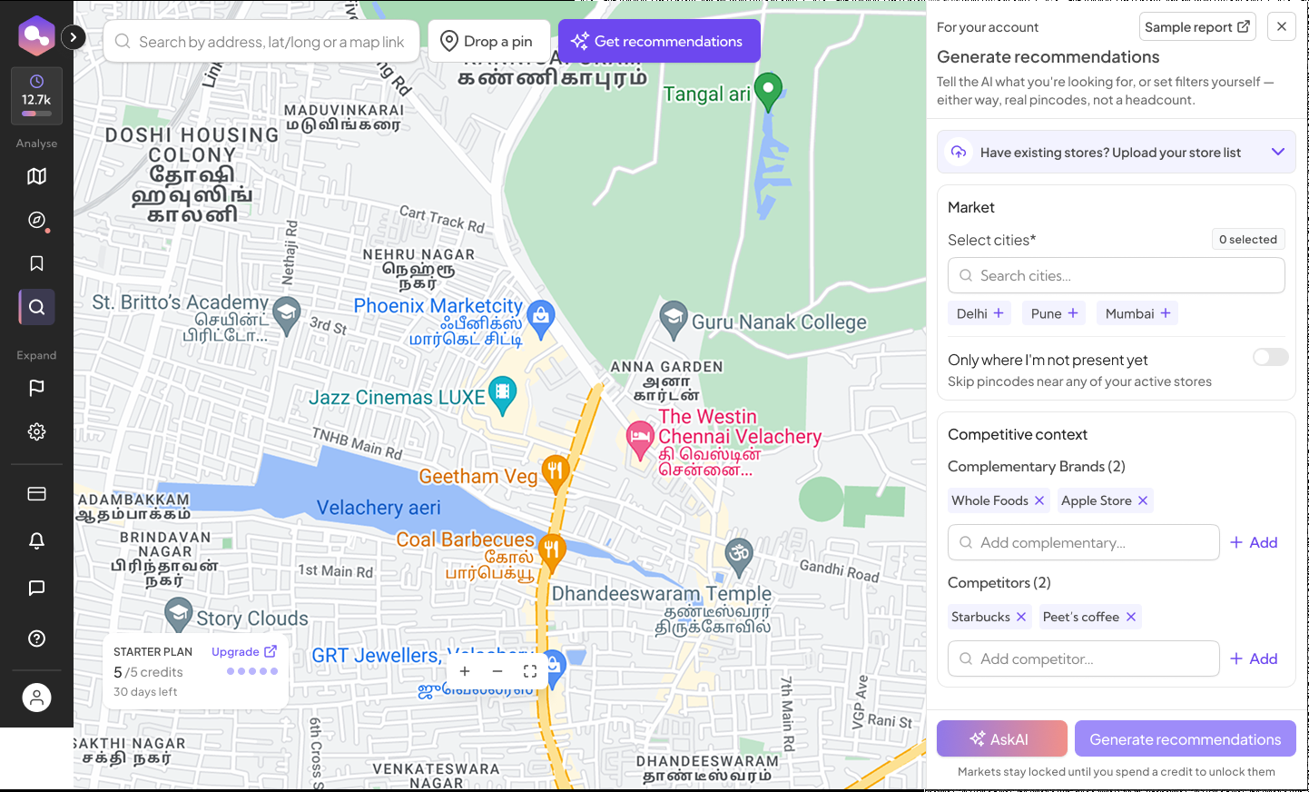 RetailIQ's Discover flow — the Generate Recommendations panel asking for cities, complementary brands and competitors before producing candidate locations.