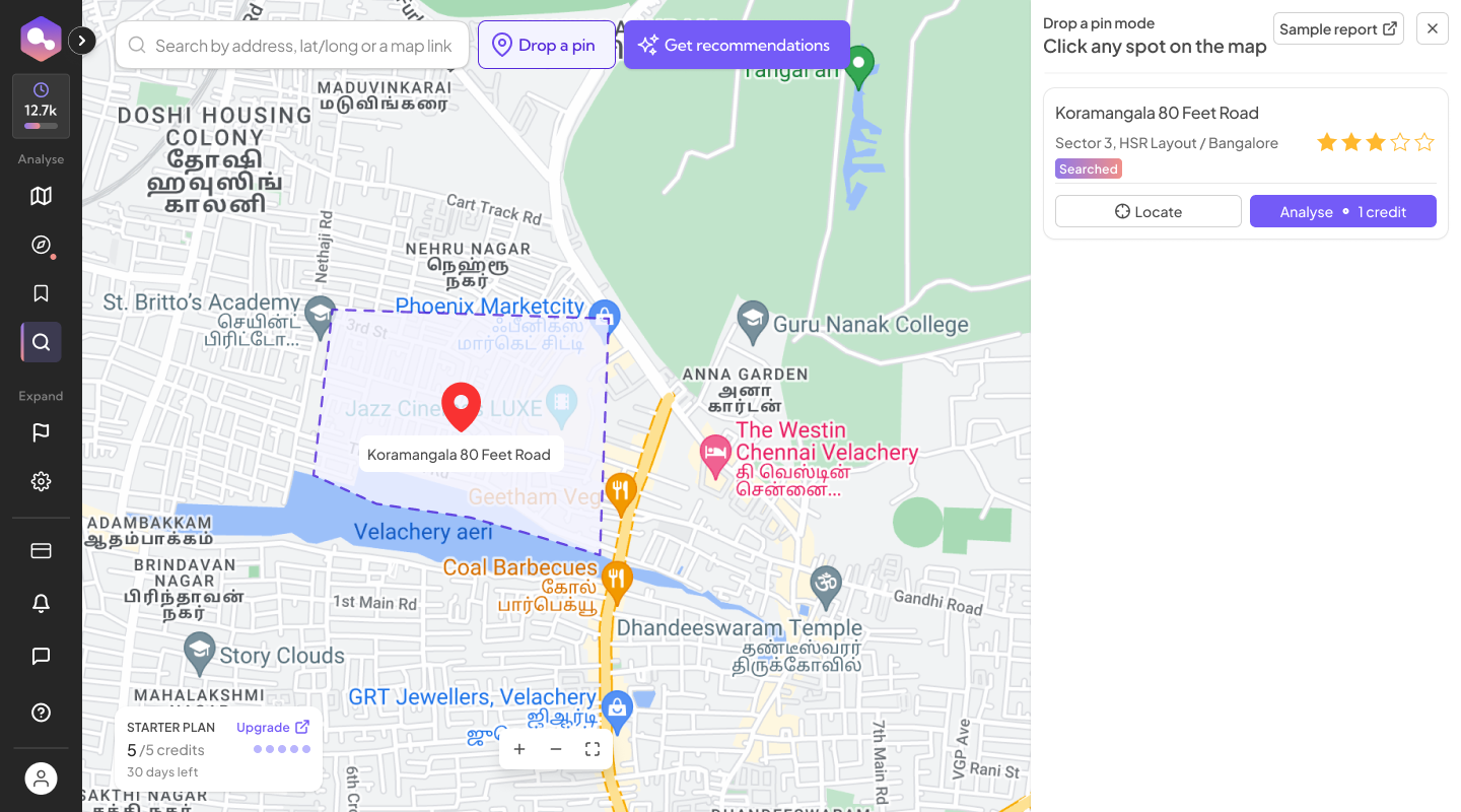 RetailIQ's Validate flow — drop-a-pin mode showing a single selected location with its rating and an Analyse action.