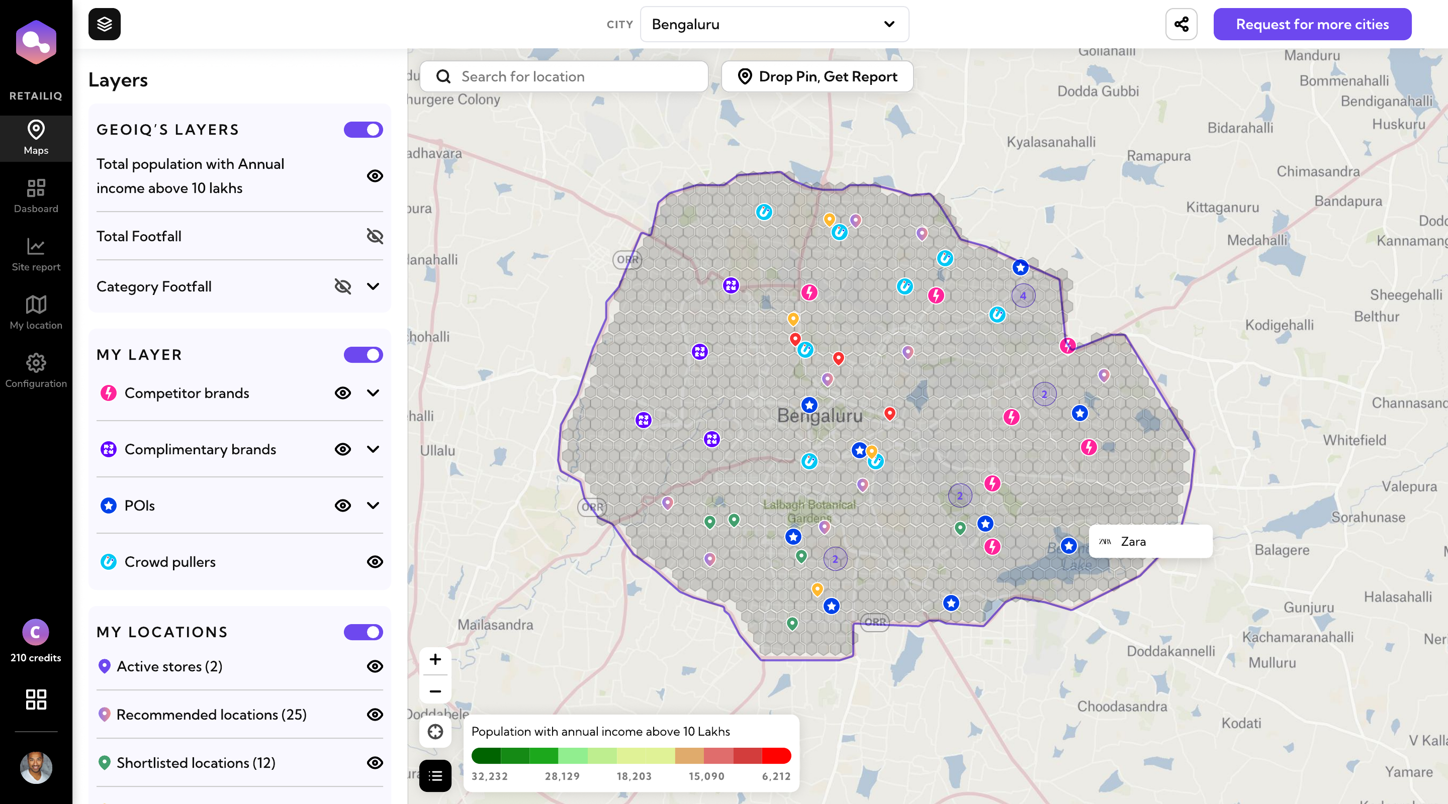 The earlier RetailIQ map interface with every data layer switched on at once — stores, competitors, footfall, demographics and recommended sites all visible together, with the full layer-control panel open on the left.