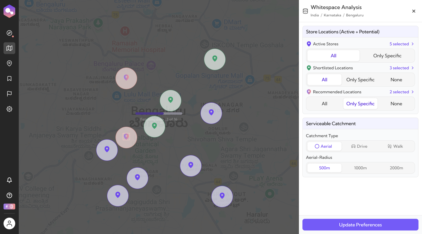 RetailIQ's Whitespace Analysis panel showing active stores, shortlisted locations, recommended locations and serviceable catchment together on the map, with catchment-type and radius controls.
